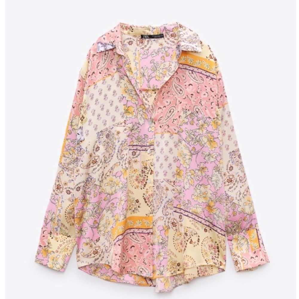 Zara Pink Mixed Paisley Print Satin Flowy Blouse Button Down Size Small